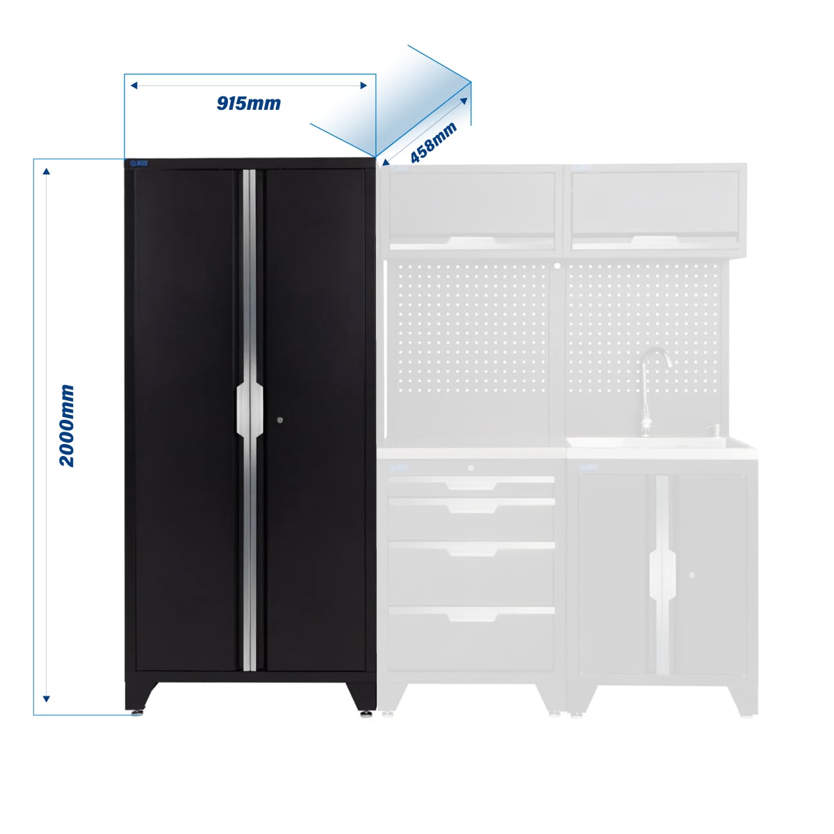 SGS 7pc Garage Storage System | 4 Drawers | Stainless Steel Worktop | Sink Unit | 2x Upper Cabinets | Tall Double Cabinet